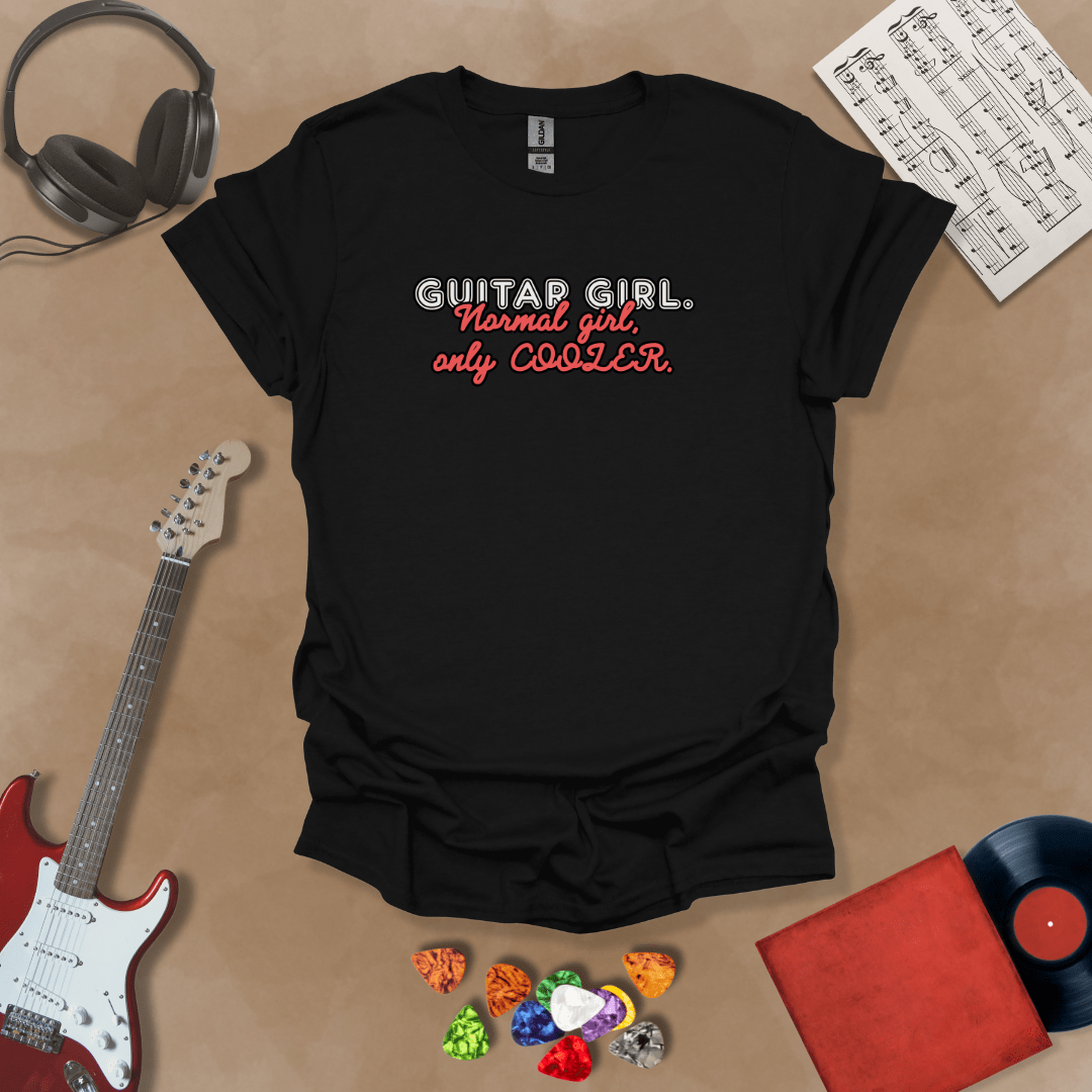 Black  t-shirt with Text 'Guitar Girl. Normal girl only cooler' bold retro style graphic