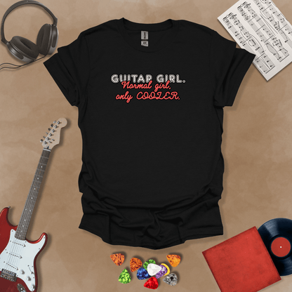 Black  t-shirt with Text 'Guitar Girl. Normal girl only cooler' bold retro style graphic