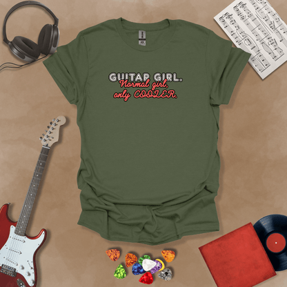 Green t-shirt with Text 'Guitar Girl. Normal girl only cooler' bold retro style graphic