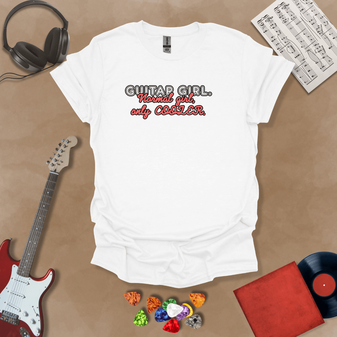 White t-shirt with Text 'Guitar Girl. Normal girl only cooler' bold retro style graphic