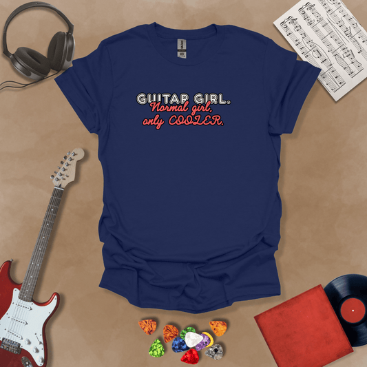 Navy t-shirt with Text 'Guitar Girl. Normal girl only cooler' bold retro style graphic