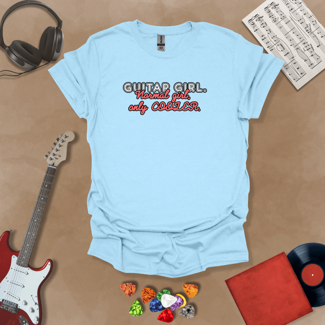 Light Blue t-shirt with Text 'Guitar Girl. Normal girl only cooler' bold retro style graphic