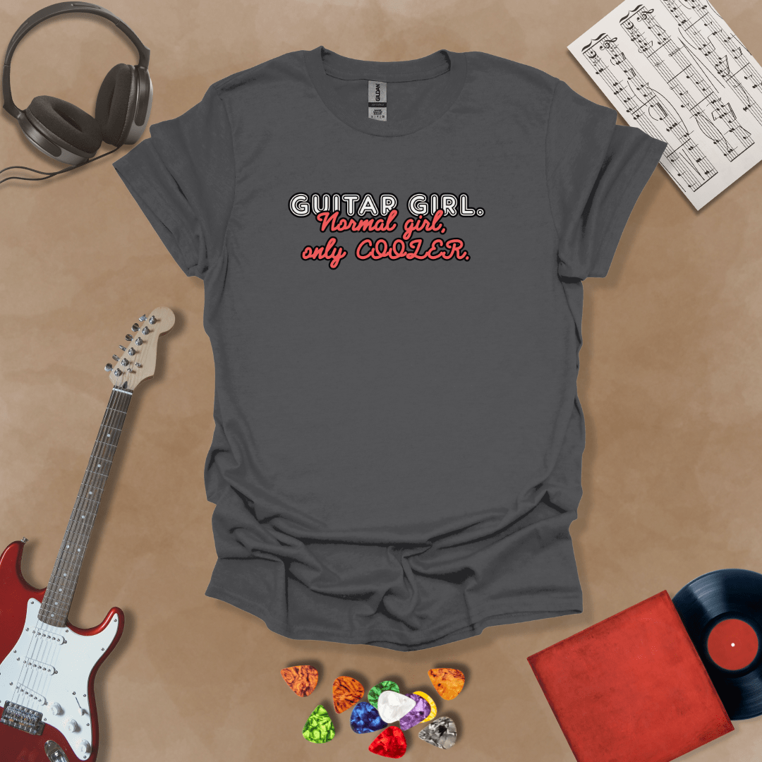 Gray  t-shirt with Text 'Guitar Girl. Normal girl only cooler' bold retro style graphic