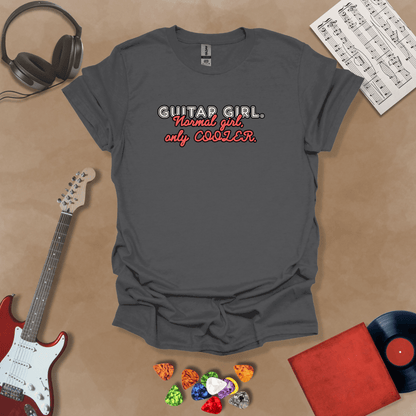 Gray  t-shirt with Text 'Guitar Girl. Normal girl only cooler' bold retro style graphic