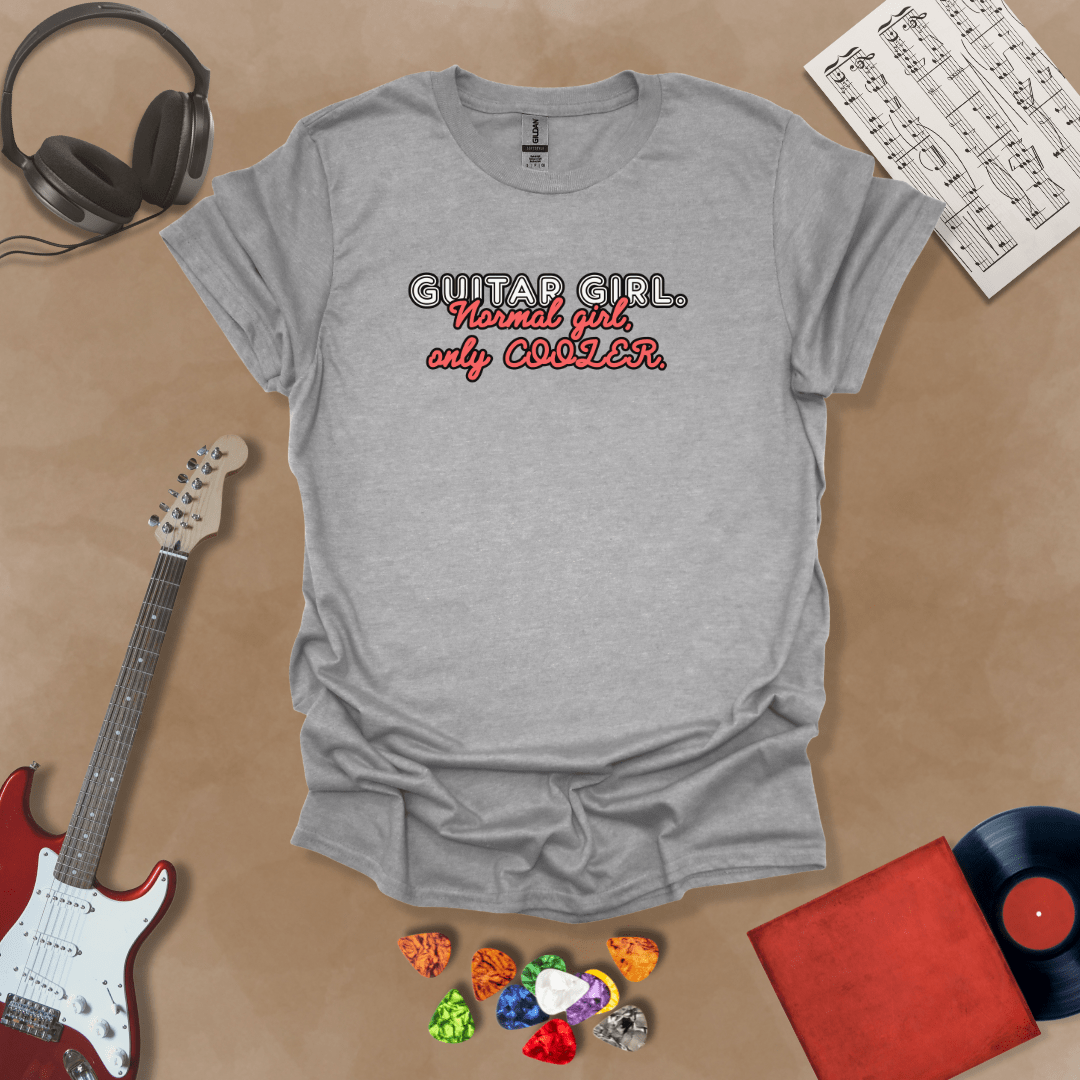 Gray t-shirt with Text 'Guitar Girl. Normal girl only cooler' bold retro style graphic