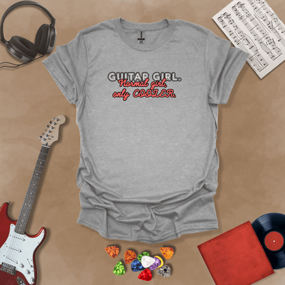 Gray t-shirt with Text 'Guitar Girl. Normal girl only cooler' bold retro style graphic