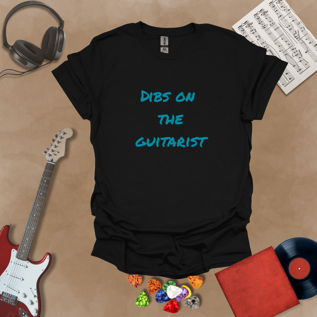 Black t-shirt with Text 'Dibs on the guitarist' bold statement graphic t-shirt