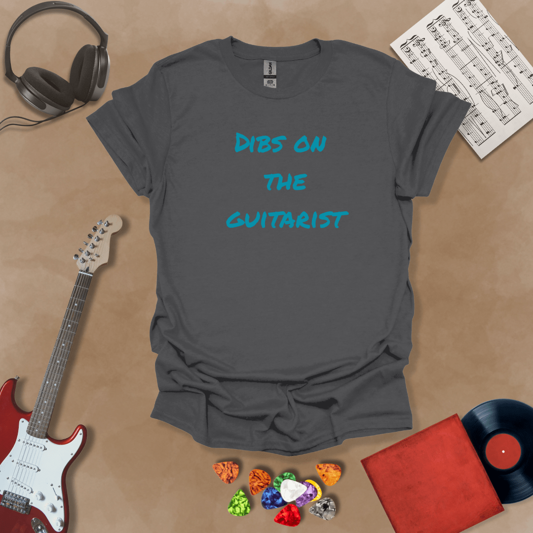 Gray t-shirt with Text 'Dibs on the guitarist' bold statement graphic t-shirt