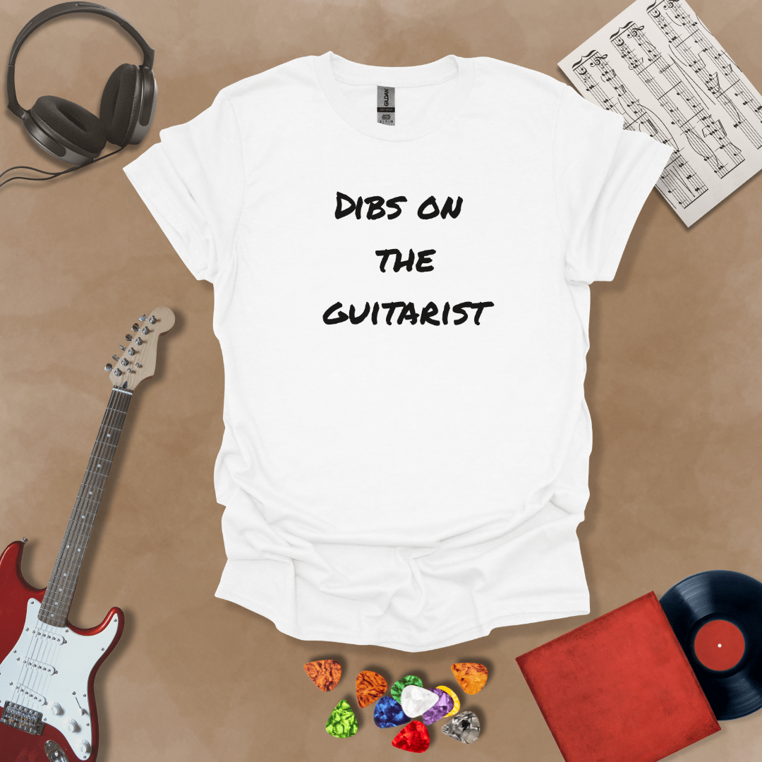 White t-shirt with Text 'Dibs on the guitarist' bold statement graphic t-shirt