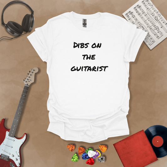 White t-shirt with Text 'Dibs on the guitarist' bold statement graphic t-shirt