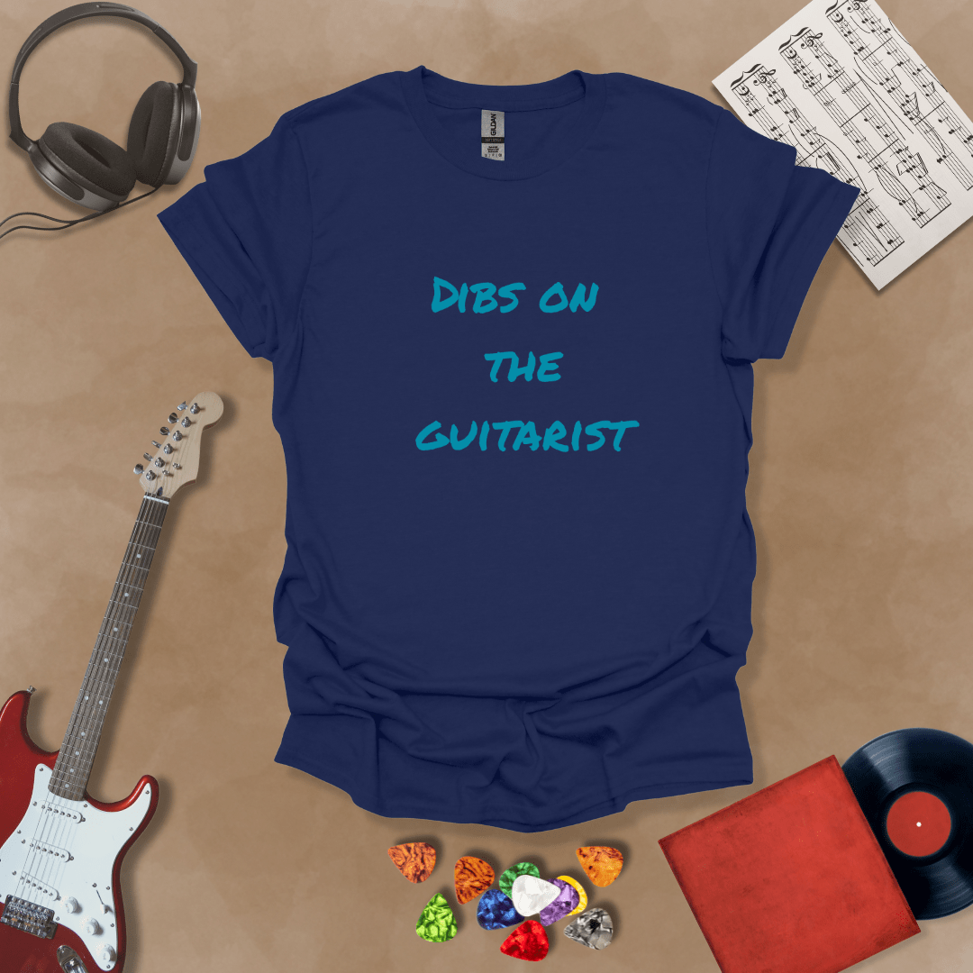 Blue t-shirt with Text 'Dibs on the guitarist' bold statement graphic t-shirt
