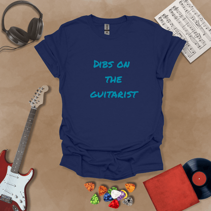 Blue t-shirt with Text 'Dibs on the guitarist' bold statement graphic t-shirt