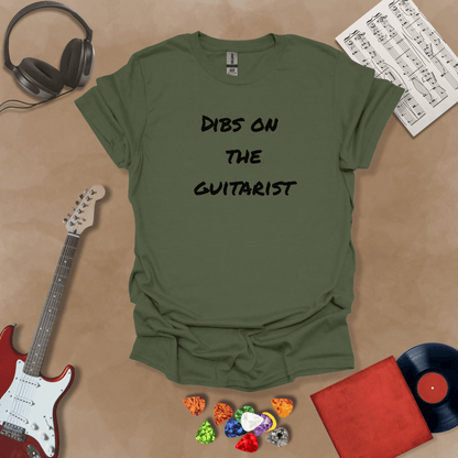 Green t-shirt with Text 'Dibs on the guitarist' bold statement graphic t-shirt