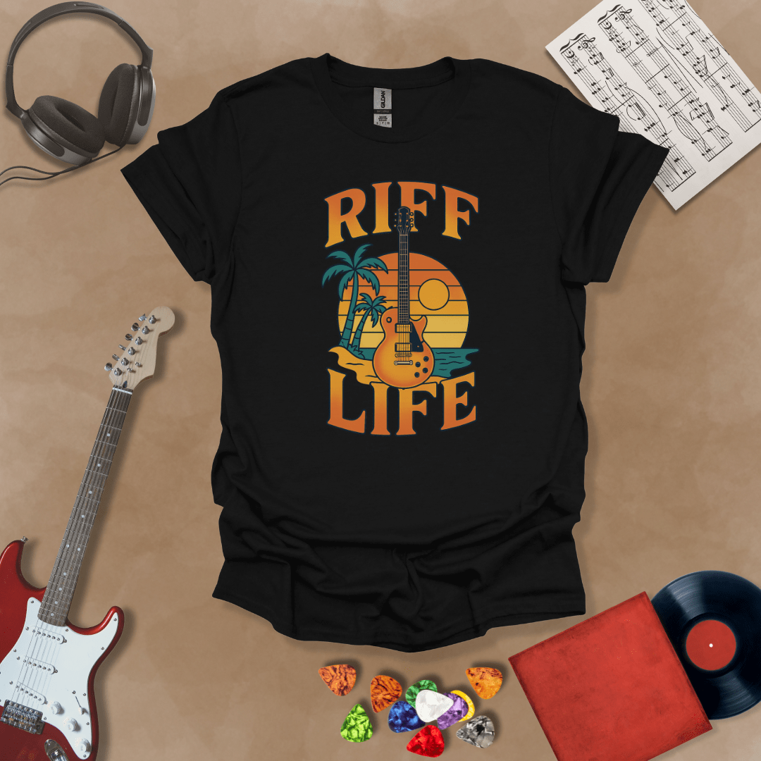 Black t-shirt with Sunset beach with palm trees and guitar, text 'Riff Life'