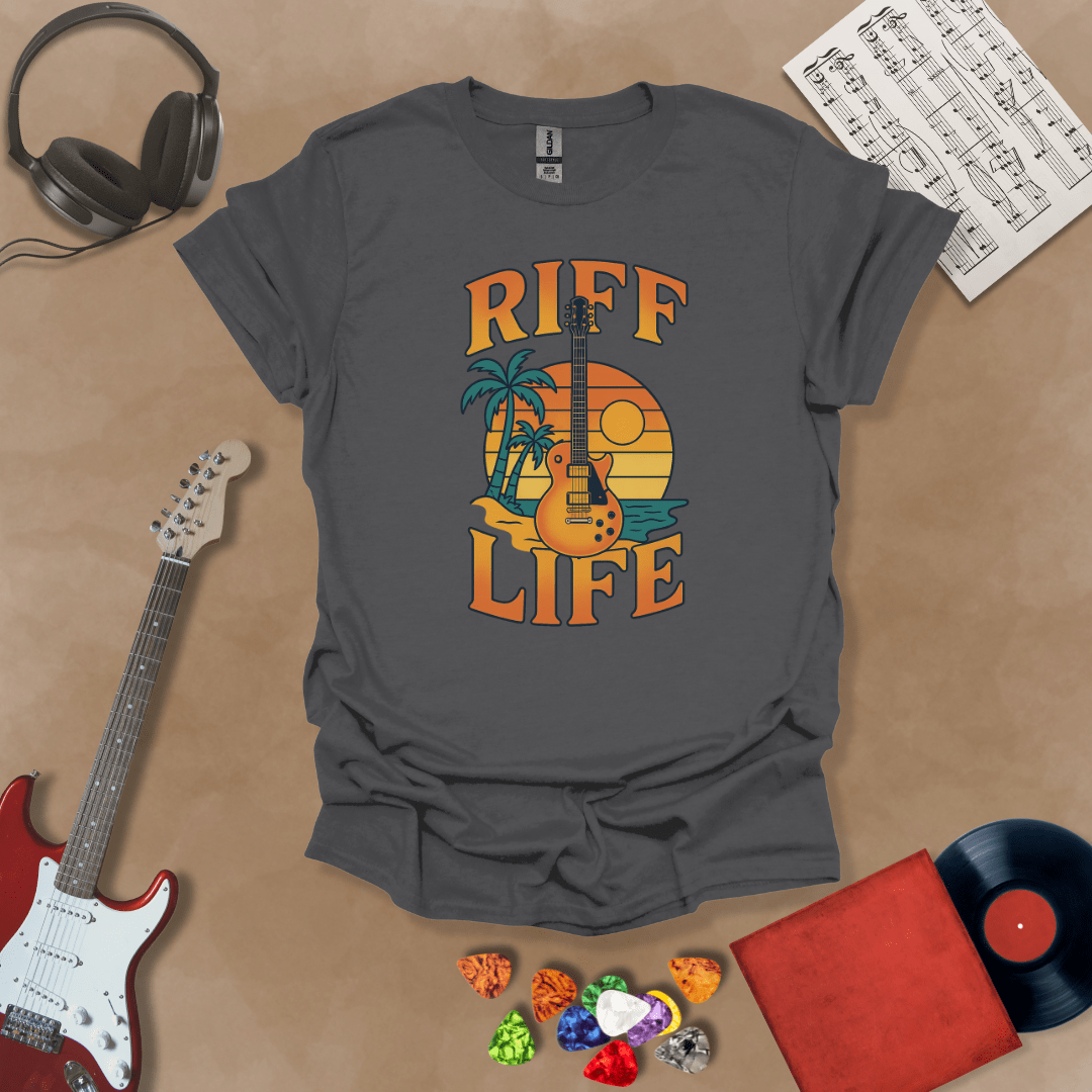 Grey t-shirt with Sunset beach with palm trees and guitar, text 'Riff Life'