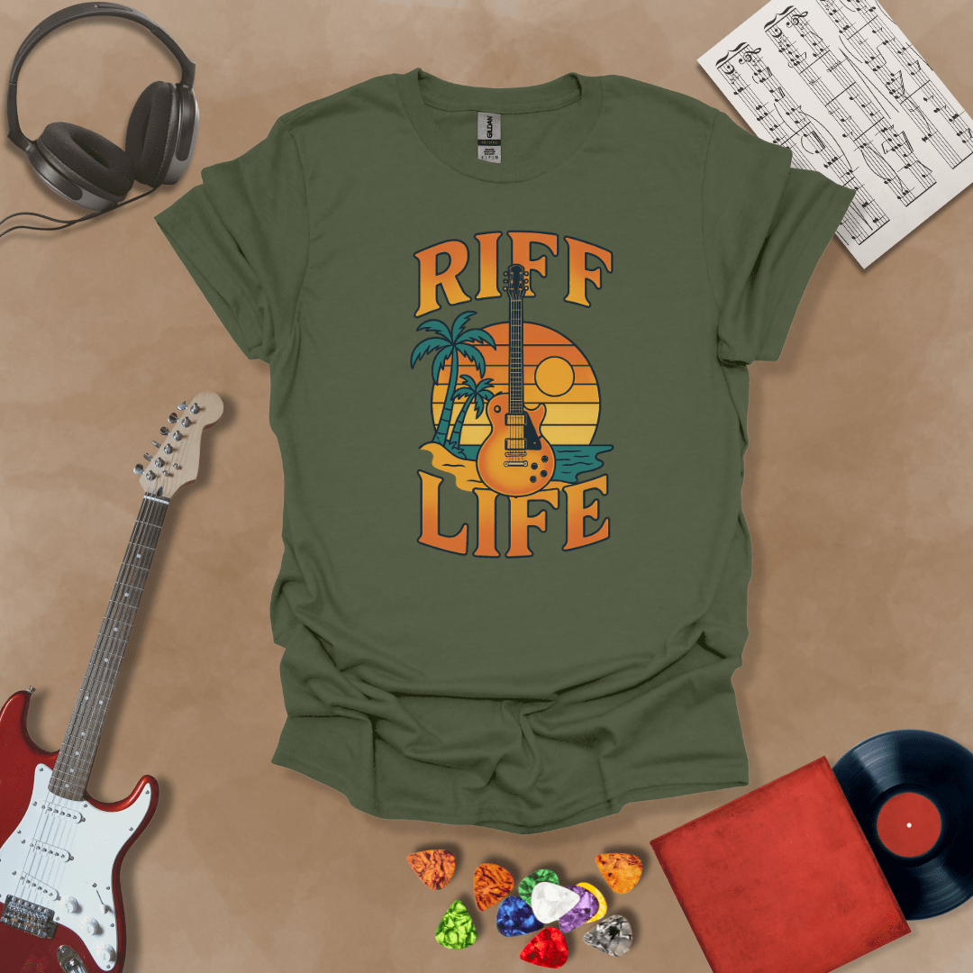 Green t-shirt with Sunset beach with palm trees and guitar, text 'Riff Life'