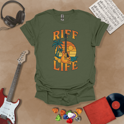 Green t-shirt with Sunset beach with palm trees and guitar, text 'Riff Life'