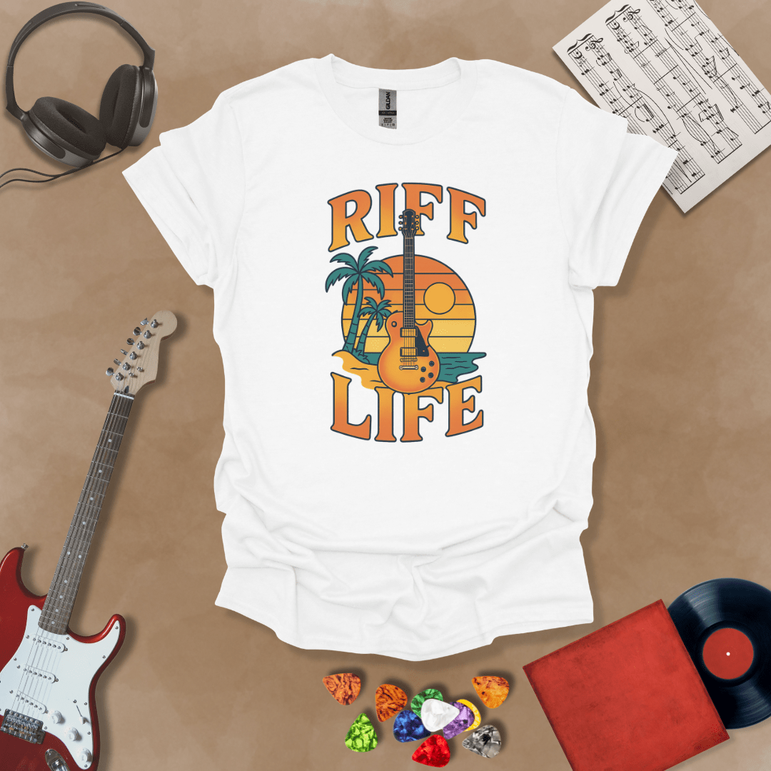 White t-shirt with Sunset beach with palm trees and guitar, text 'Riff Life'