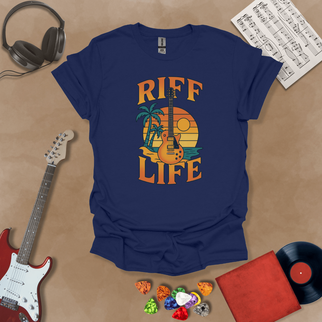 Blue t-shirt with Sunset beach with palm trees and guitar, text 'Riff Life'