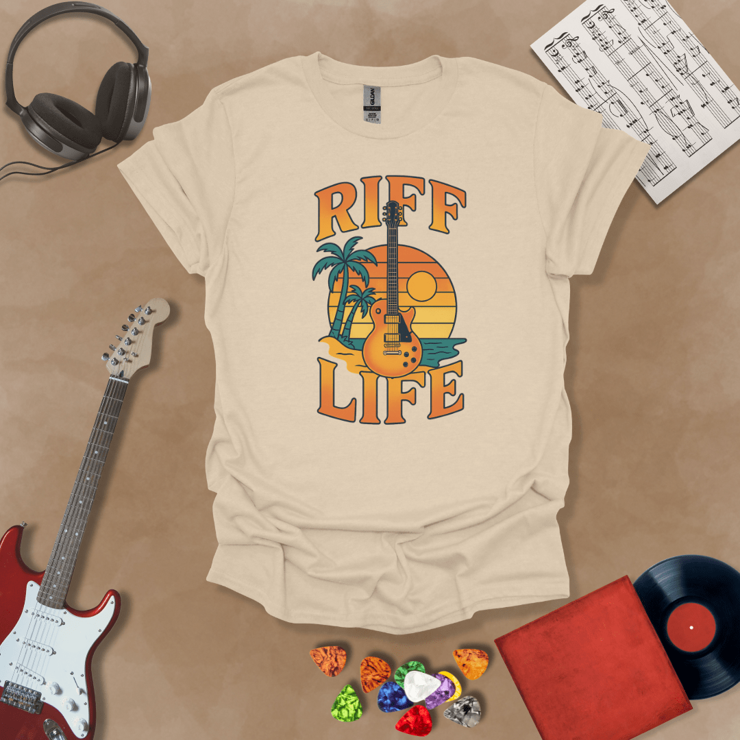 Beige t-shirt with Sunset beach with palm trees and guitar, text 'Riff Life'