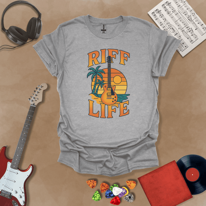 Gray t-shirt with Sunset beach with palm trees and guitar, text 'Riff Life'