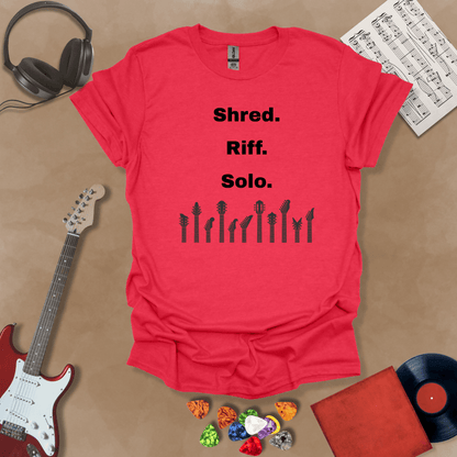 Red T-shirt with text 'Shred. Riff. Solo.' with row of guitar headstocks silhouette