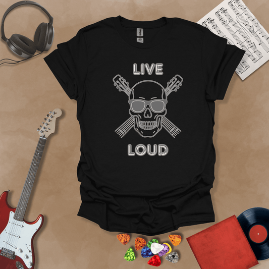 Black t-shirt with Skull with sunglasses and crossed guitars, text 'Live Loud'