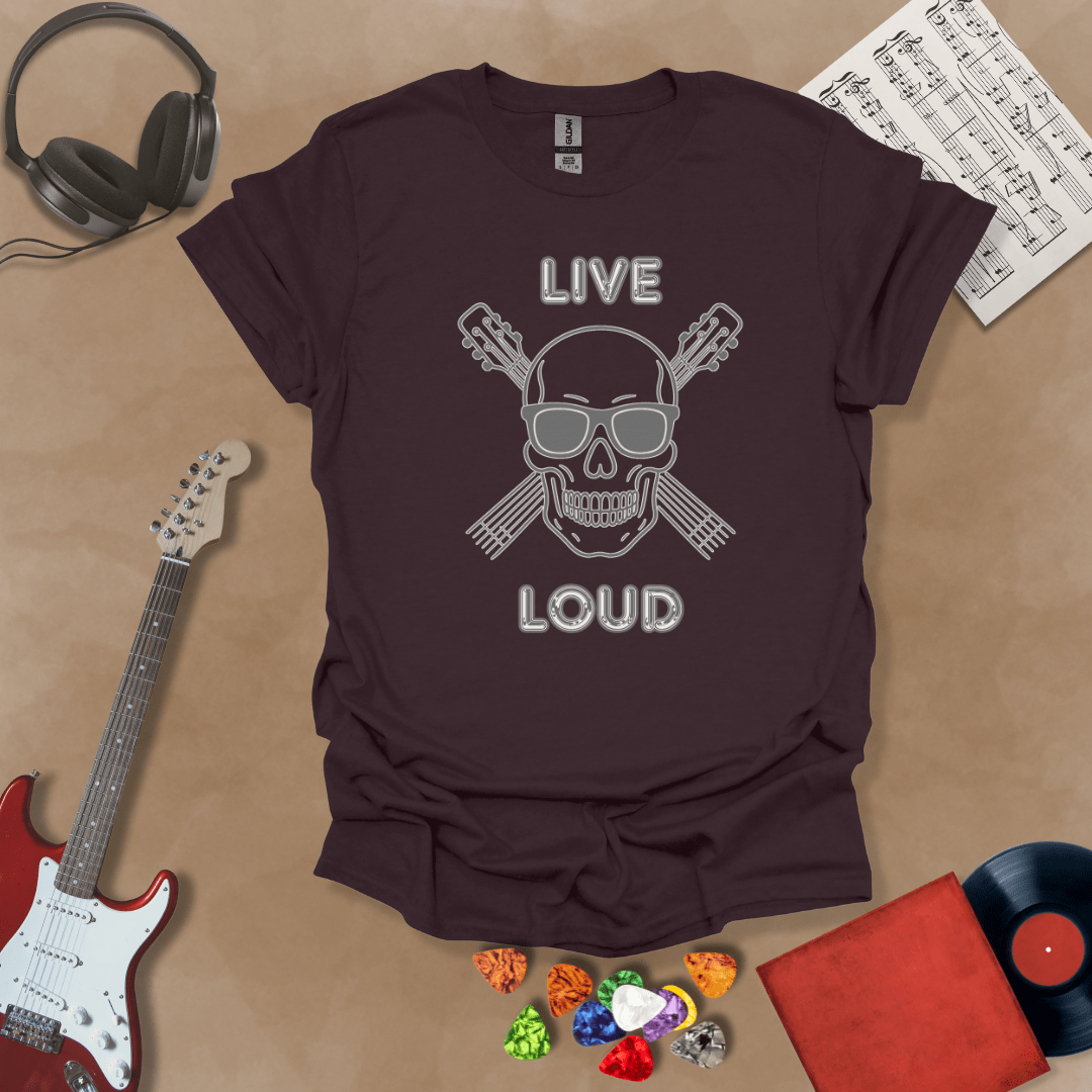Brown t -shirt with Skull with sunglasses and crossed guitars, text 'Live Loud'