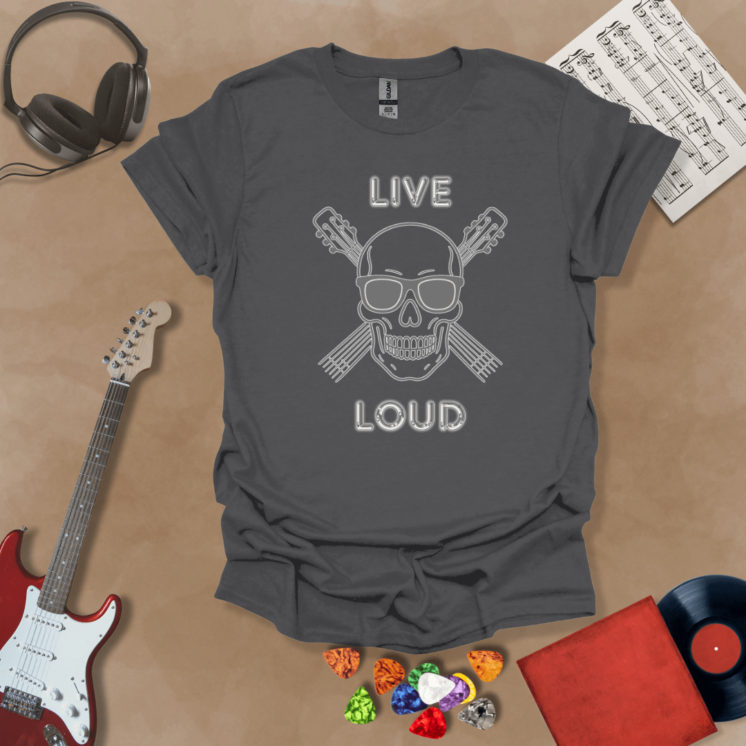 Gray t-shirt with Skull with sunglasses and crossed guitars, text 'Live Loud'