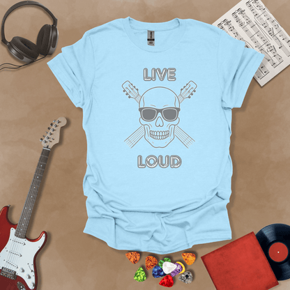 Light Blue t-shirt with Skull with sunglasses and crossed guitars, text 'Live Loud'