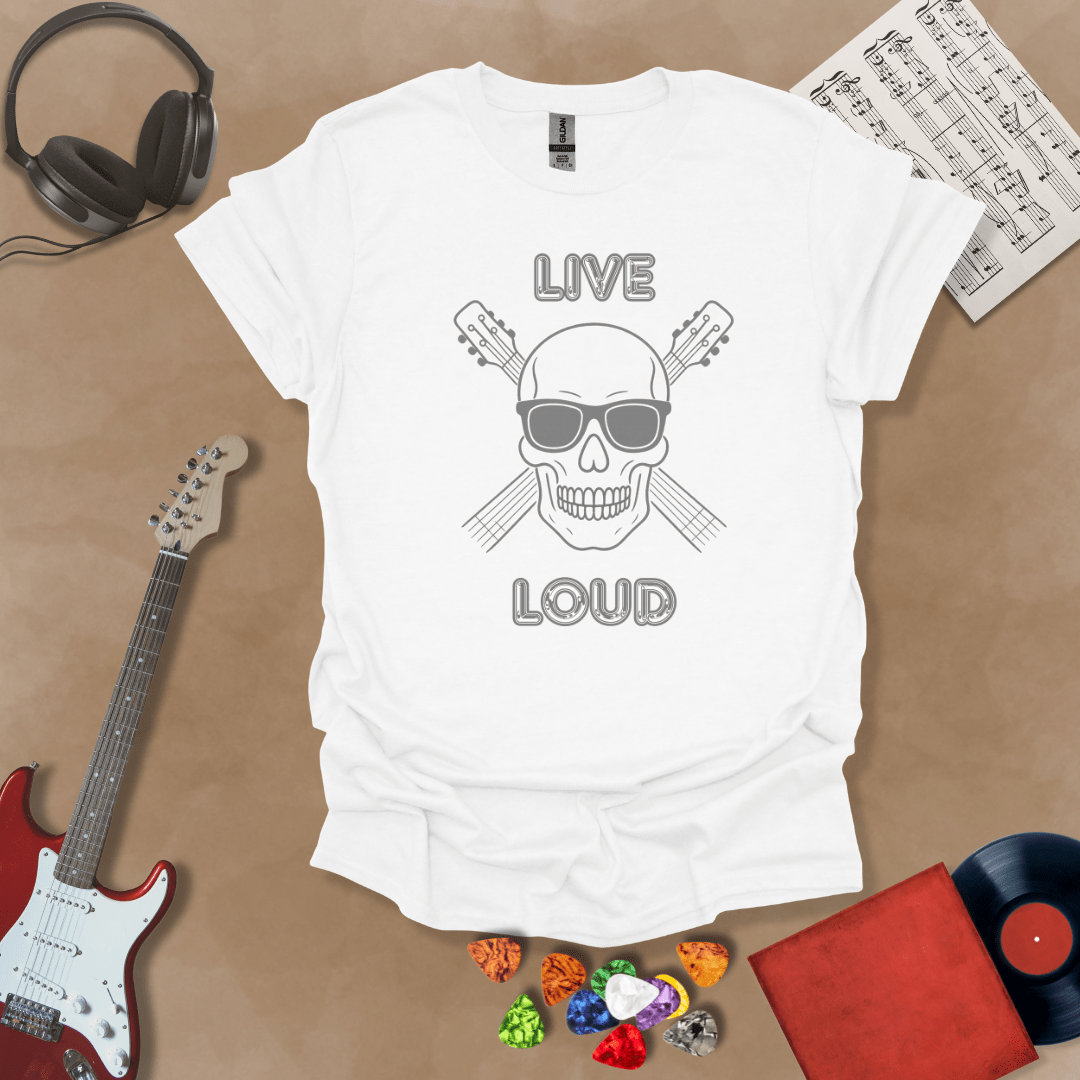 White t-shirt with Skull with sunglasses and crossed guitars, text 'Live Loud'