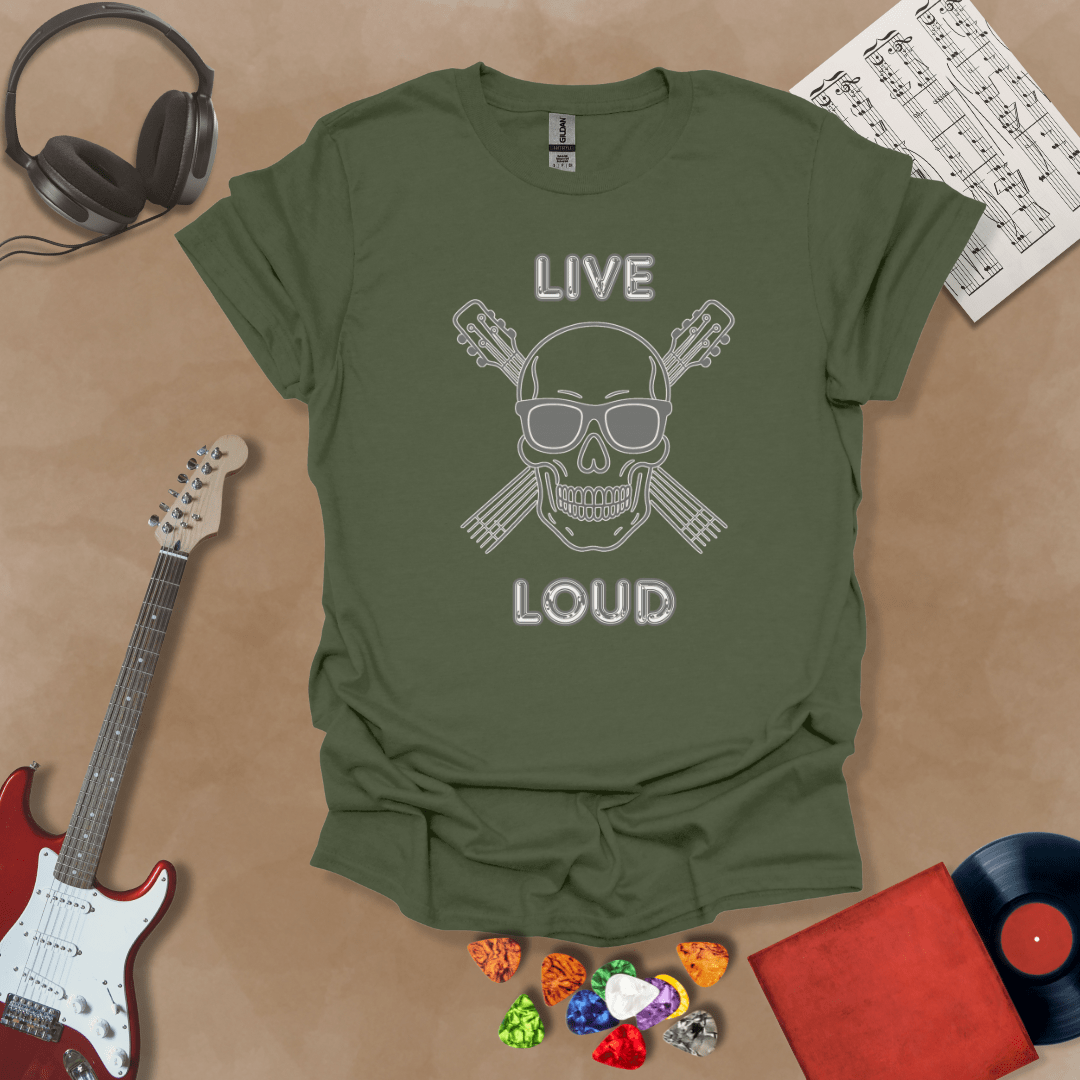 Green t-shirt with Skull with sunglasses and crossed guitars, text 'Live Loud'