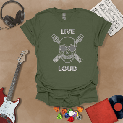 Green t-shirt with Skull with sunglasses and crossed guitars, text 'Live Loud'