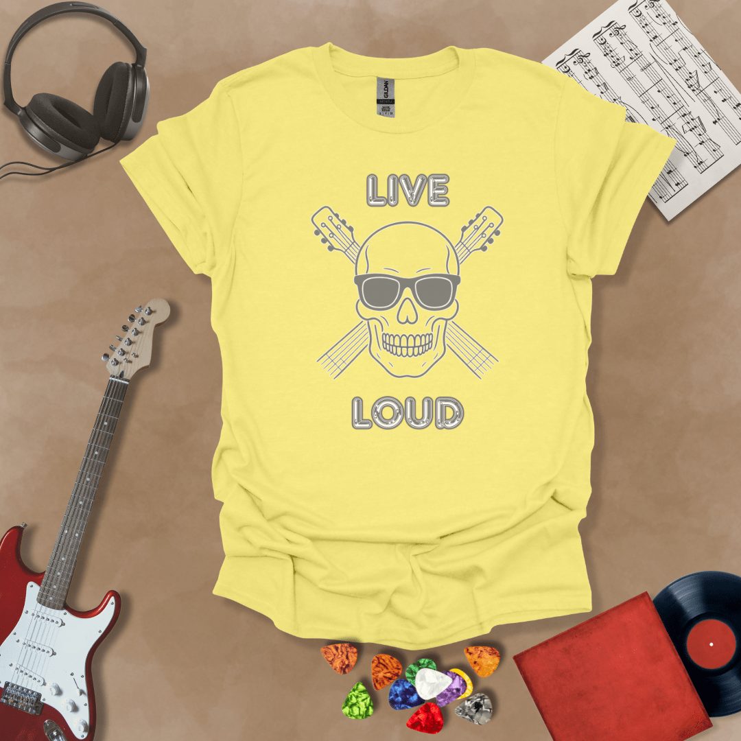 Yellow t-shirt with Skull with sunglasses and crossed guitars, text 'Live Loud'