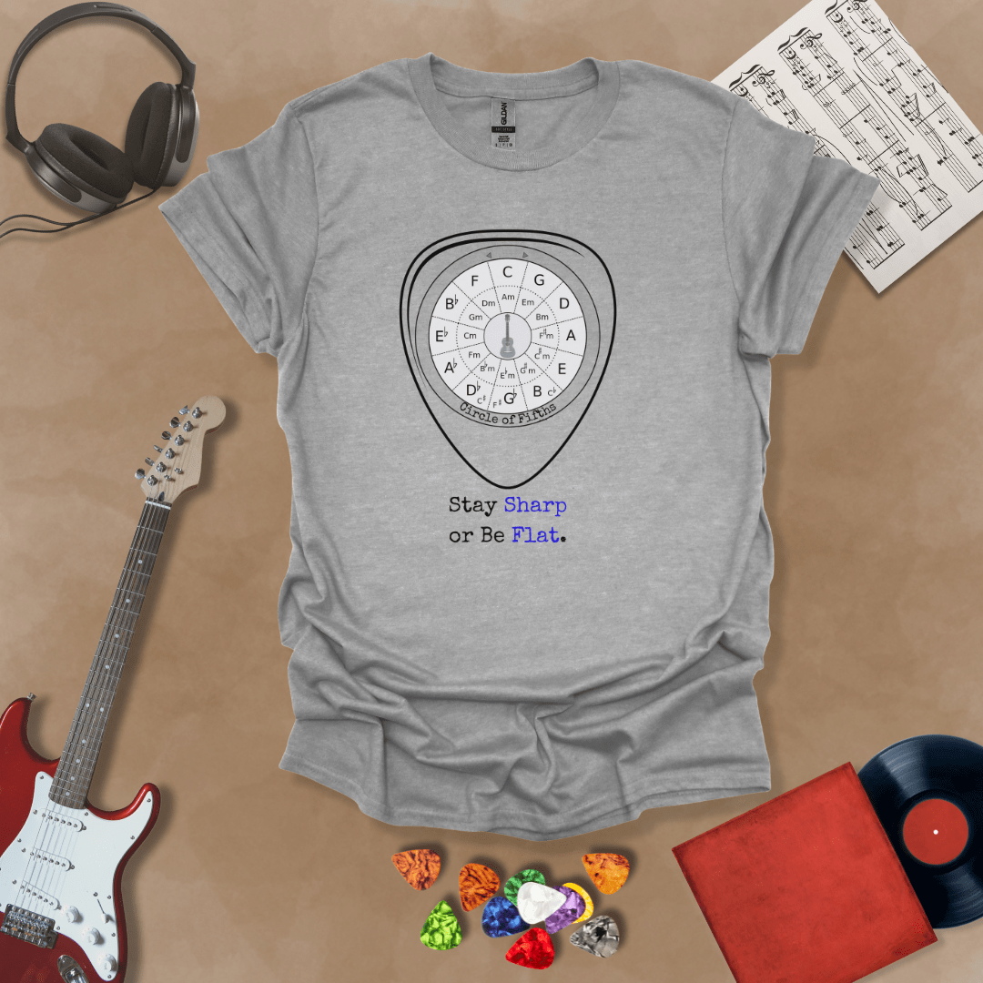 Gray t-shirt with Circle of fifths chart inside guitar pick, text 'Stay sharp or be flat'