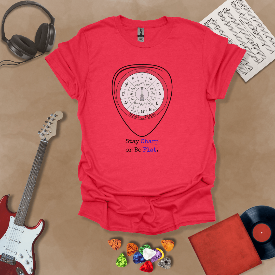 Red t-shirt with Circle of fifths chart inside guitar pick, text 'Stay sharp or be flat'
