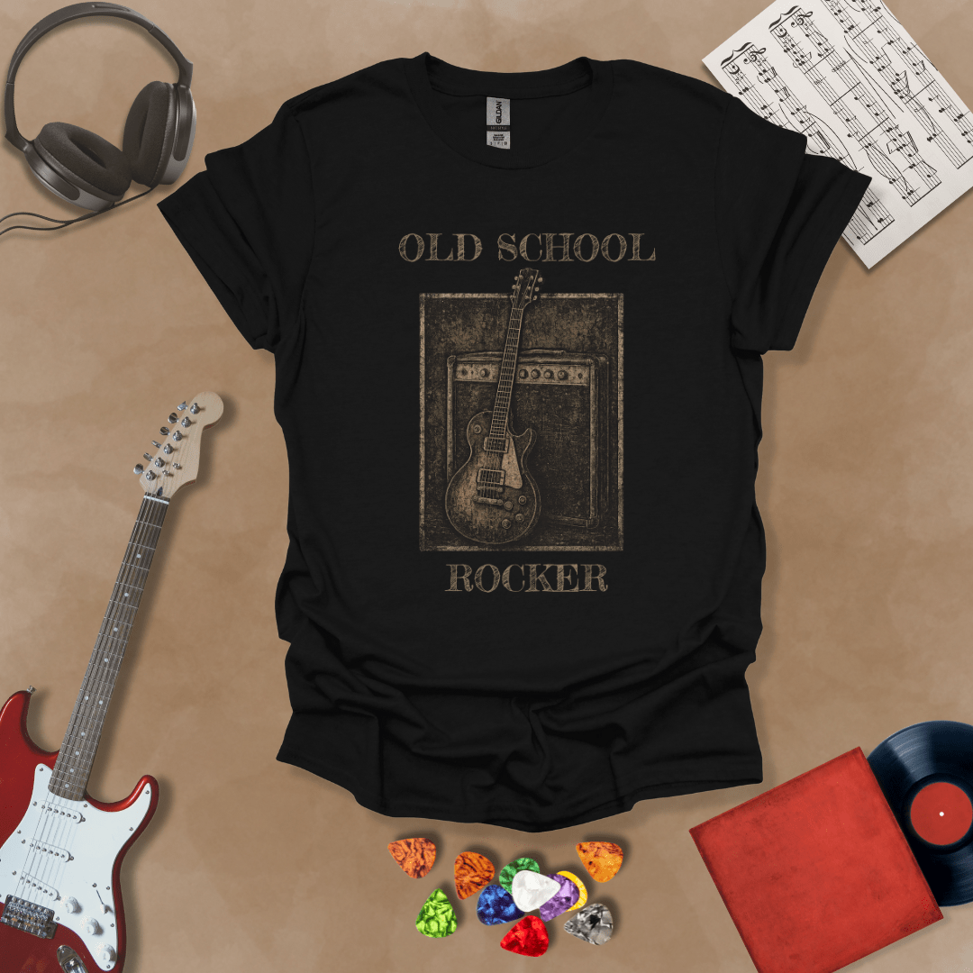 Black t-shirt with Vintage style guitar and amp with text 'Old School Rocker'