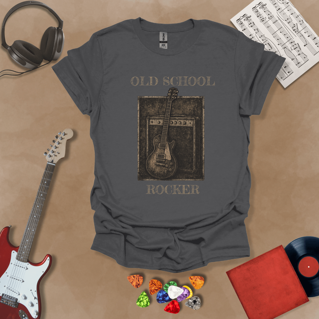 Gray t-shirt with Vintage style guitar and amp with text 'Old School Rocker'