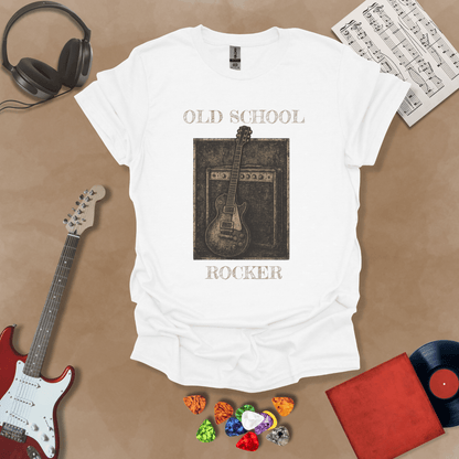 White t-shirt with Vintage style guitar and amp with text 'Old School Rocker'