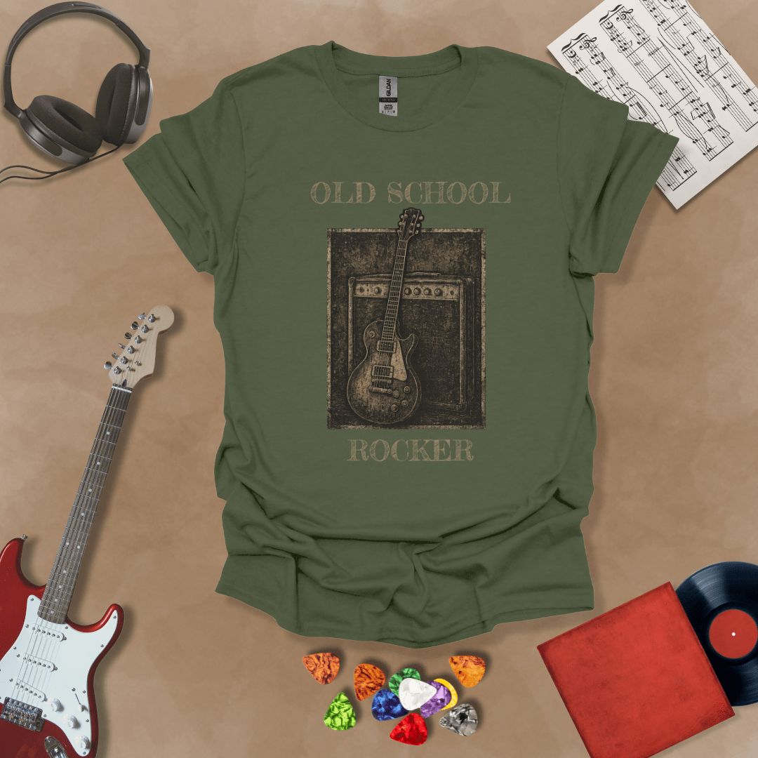 Green t-shirt with Vintage style guitar and amp with text 'Old School Rocker'