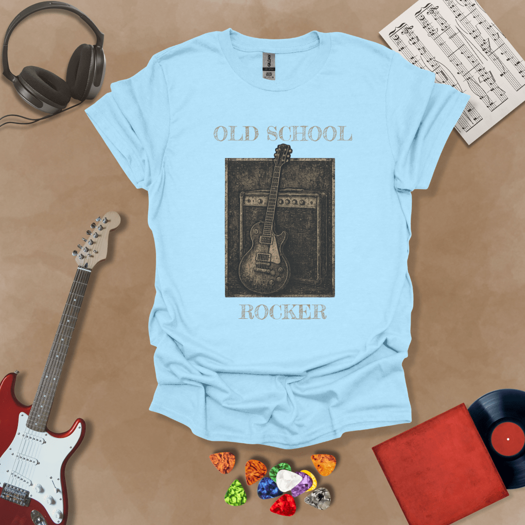 Light Blue t-shirt with Vintage style guitar and amp with text 'Old School Rocker'