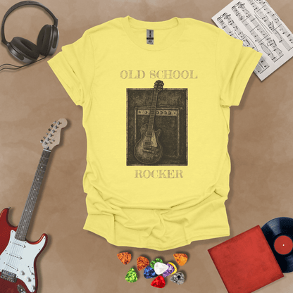 Yellow  t-shirt with Vintage style guitar and amp with text 'Old School Rocker'