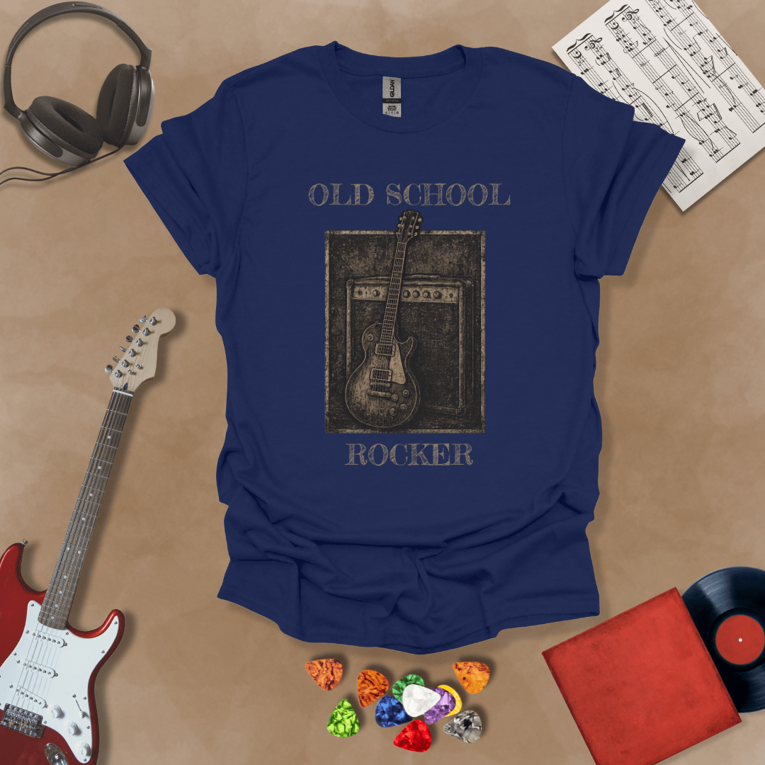 Blue t-shirt with Vintage style guitar and amp with text 'Old School Rocker'