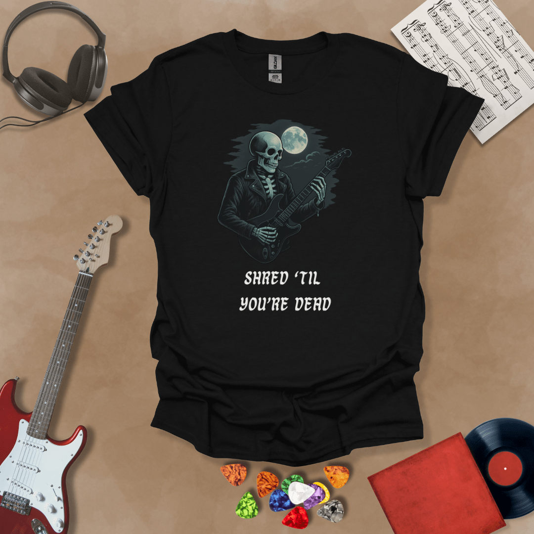 Black t-shirt with Skeleton guitarist with moonlight, text 'Shred Til You're Dead'