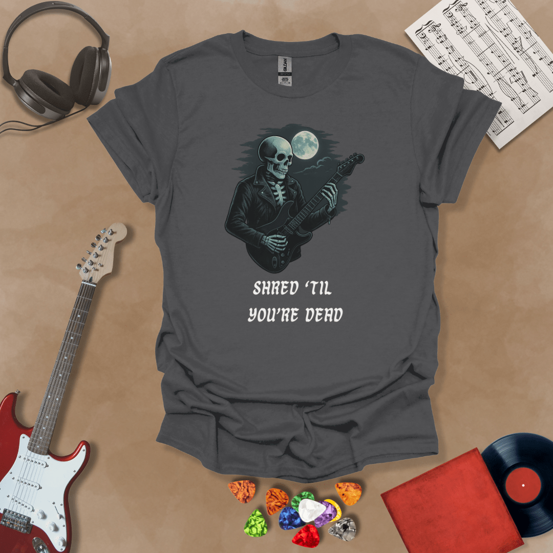 Gray t-shirt with Skeleton guitarist with moonlight, text 'Shred Til You're Dead'