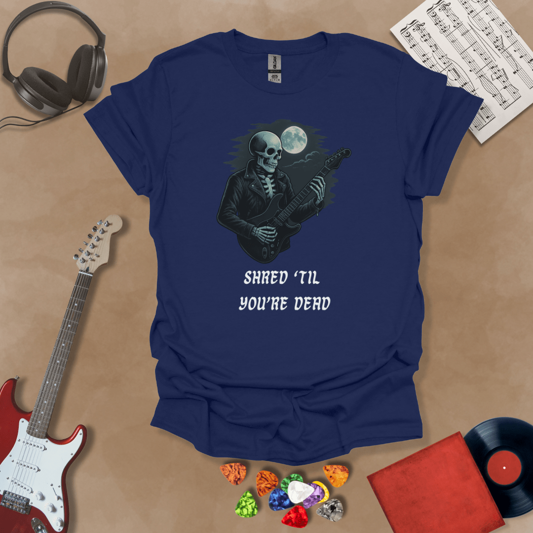 Blue t-shirt with Skeleton guitarist with moonlight, text 'Shred Til You're Dead'