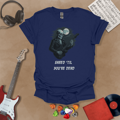 Blue t-shirt with Skeleton guitarist with moonlight, text 'Shred Til You're Dead'