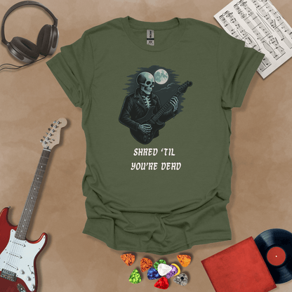 Green t-shirt with Skeleton guitarist with moonlight, text 'Shred Til You're Dead'