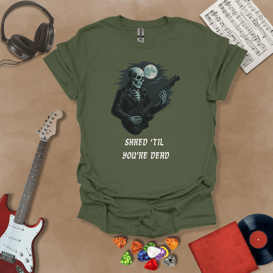 Green t-shirt with Skeleton guitarist with moonlight, text 'Shred Til You're Dead'