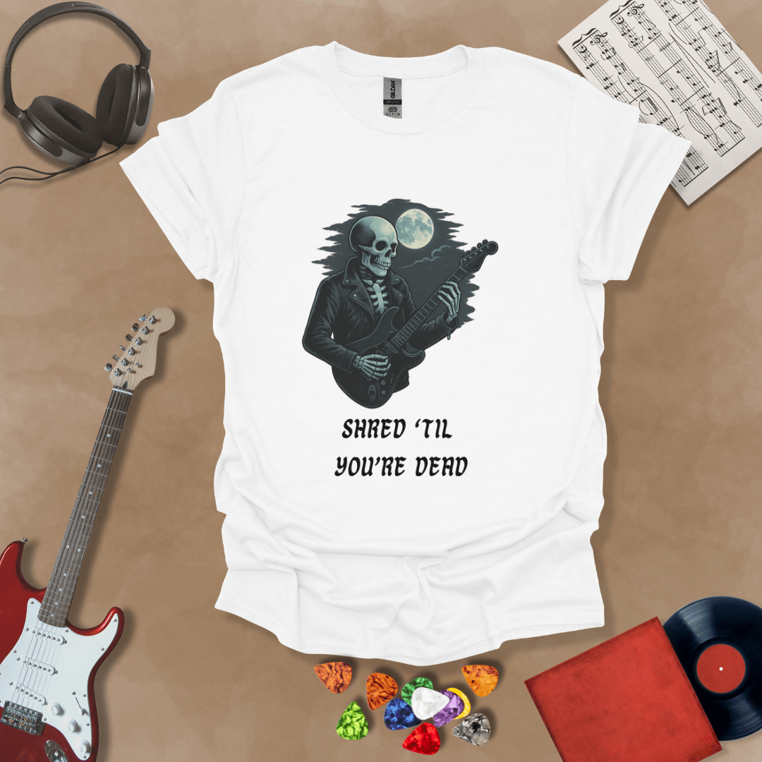 White t-shirt with Skeleton guitarist with moonlight, text 'Shred Til You're Dead'